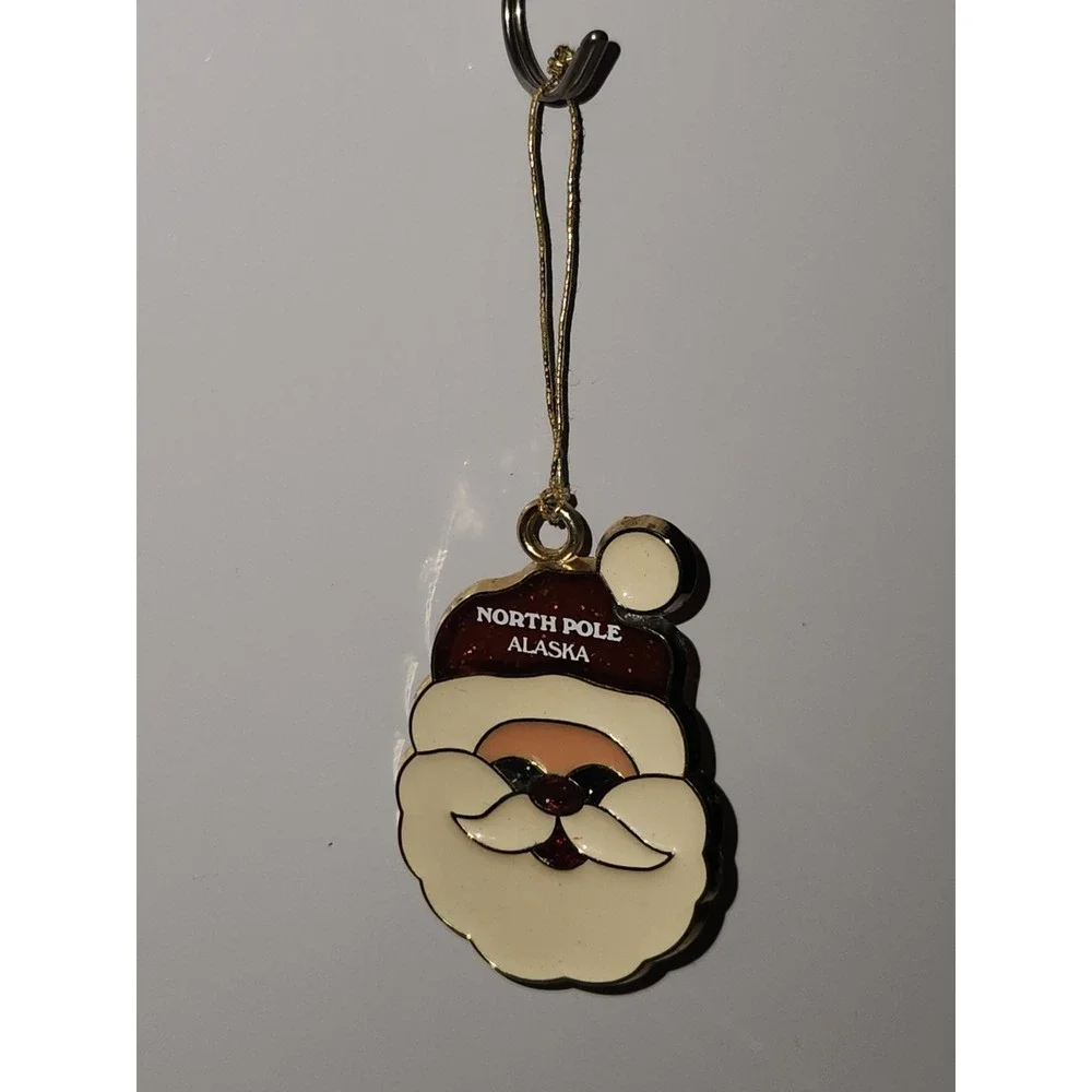North Pole Alaska Stained Glass Santa Face Christmas Ornament Souvenir Vintage